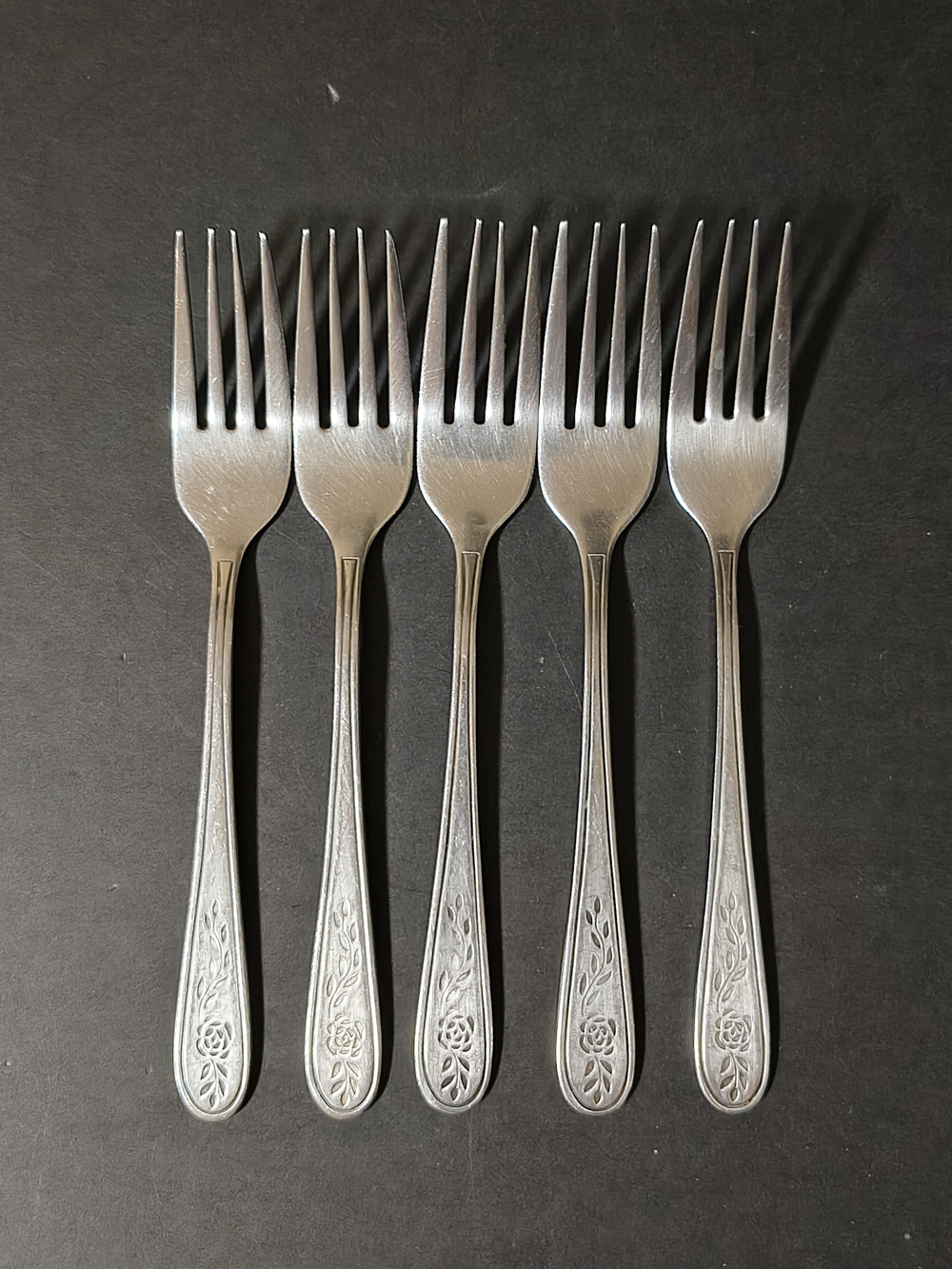 5 Vintage Rogers Stanley Roberts Floral Mist 7" Dinner Forks Stainless Flatware